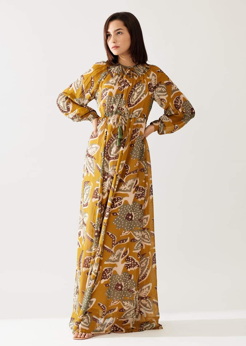 Mustard And Olive Floral Kaftan Dress