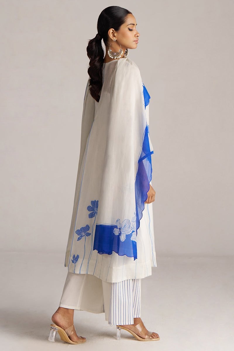 Ivory and Cobalt Printed A-Line Chanderi Kurta Set
