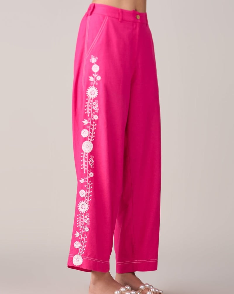Pink Wide-Leg Embroidered Trousers