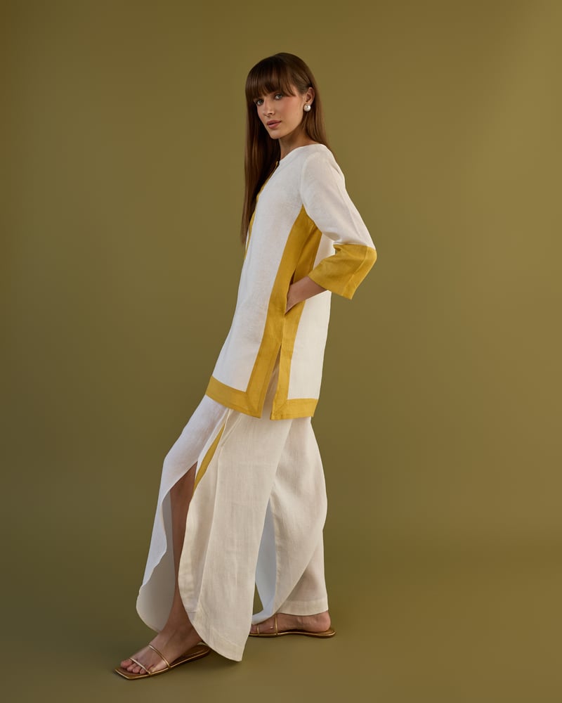 White and Ochre Linen Tunic and Tulip Pants Co-ord Set