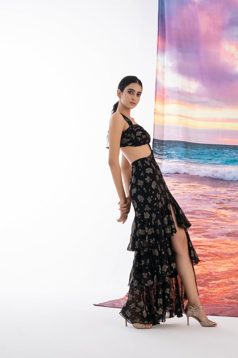 Black Metallic Floral Cut-Out Tiered Maxi Dress