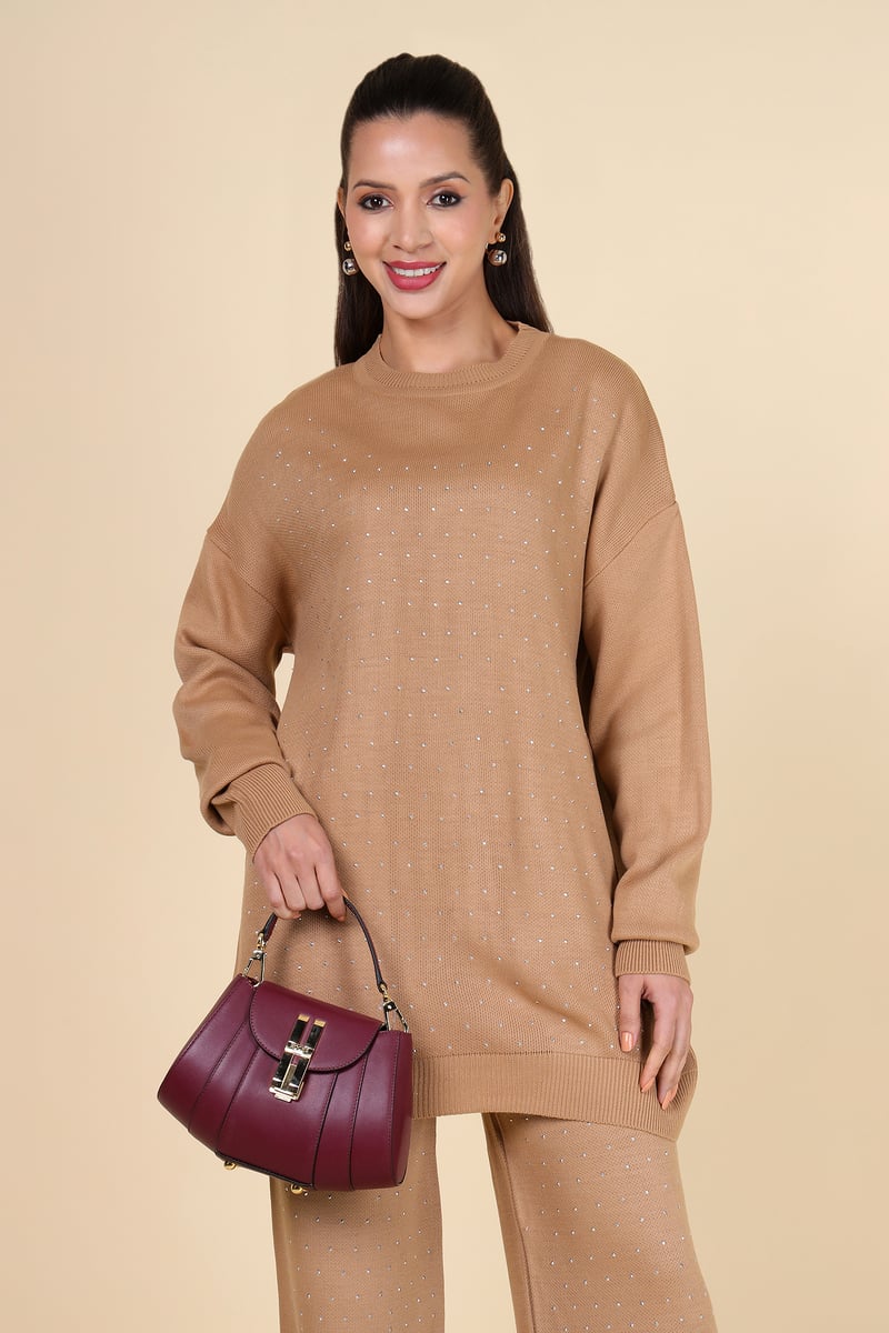 Brown Studded Knit Top and Wide-Leg Pants Co-ord Set