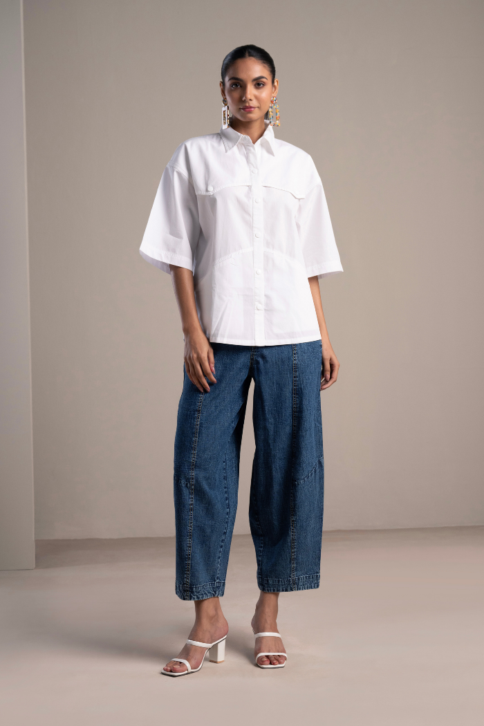 Blue and White Shirt and Denim Barrel Pants Co-ord Set