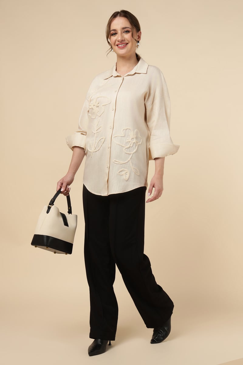 Natural Ivory Tonal Embroidered Button-Down Shirt