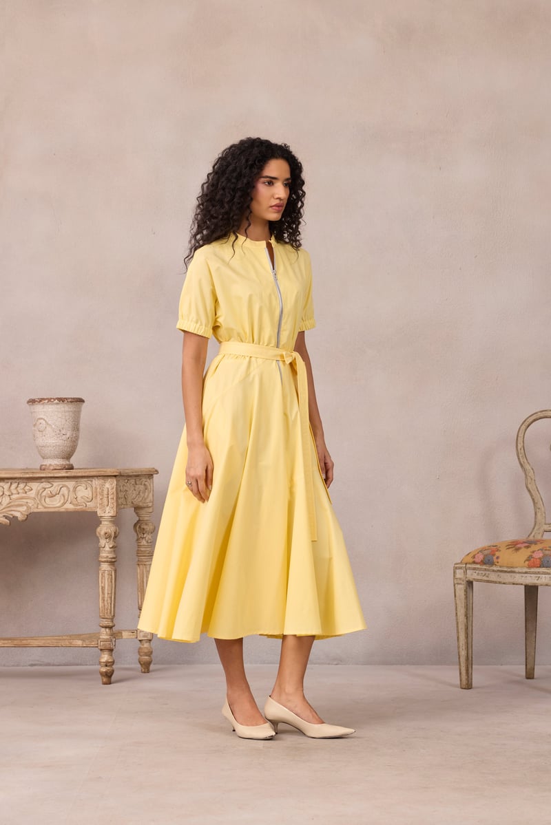 Lemon Sorbet Zip-Front Fit and Flare Midi Dress