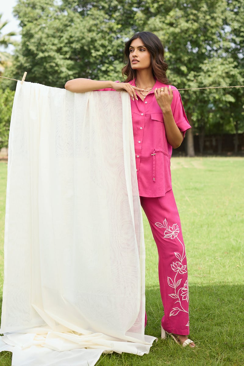 Hot Pink Linen Cotton Shirt and Embroidered Pants Co-ord Set