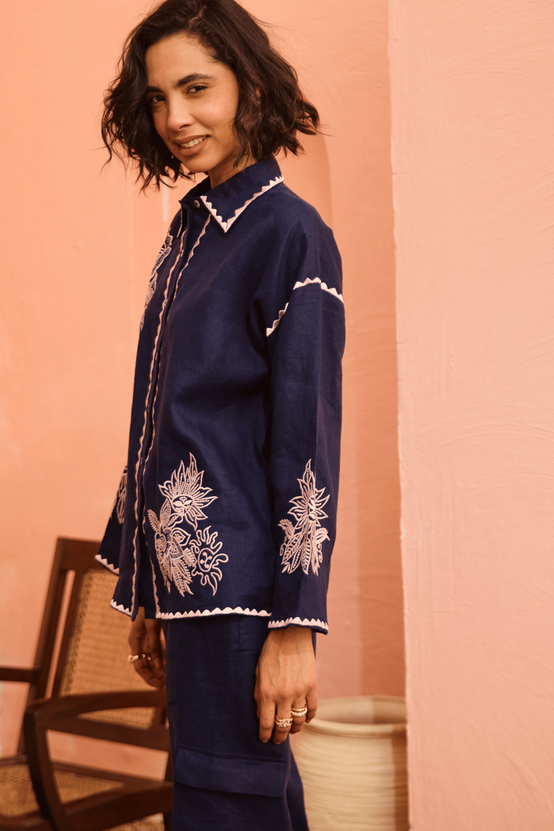 Navy Linen Embroidered Shirt and Flared Pants Co-ord Set