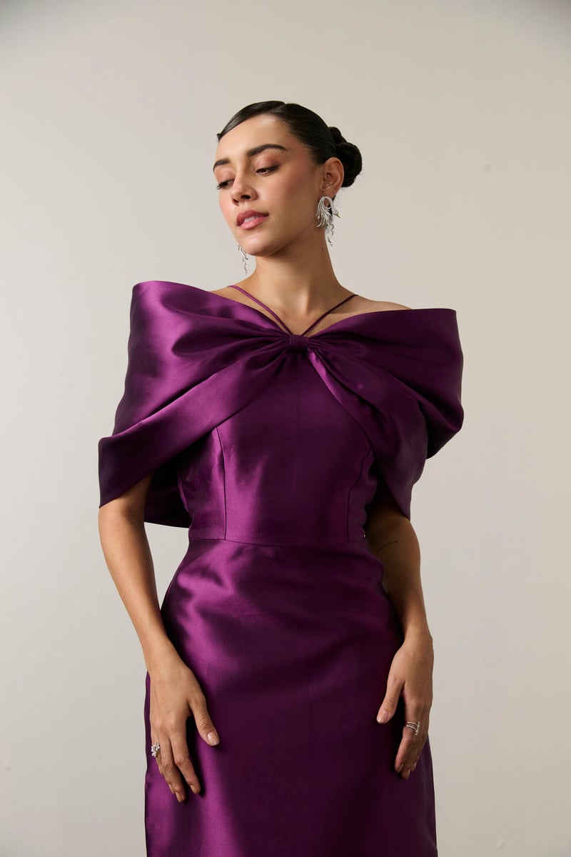 Purple Satin Off-Shoulder Bow Sheath Midi Dress