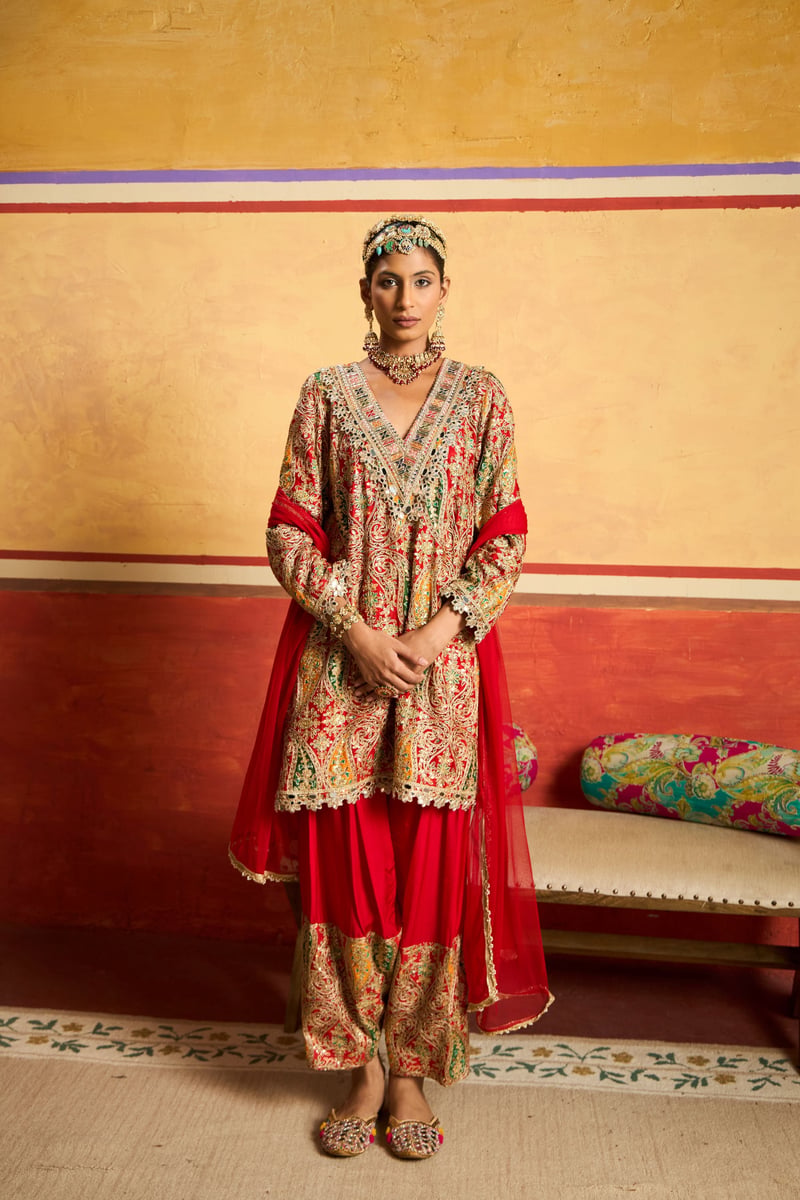 Red Paisley Embroidered Kurta Set with Dupatta