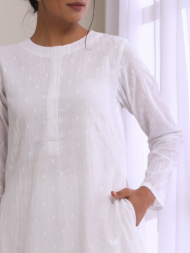 White Cotton Dobby Kurta and Pants Co-ord Set