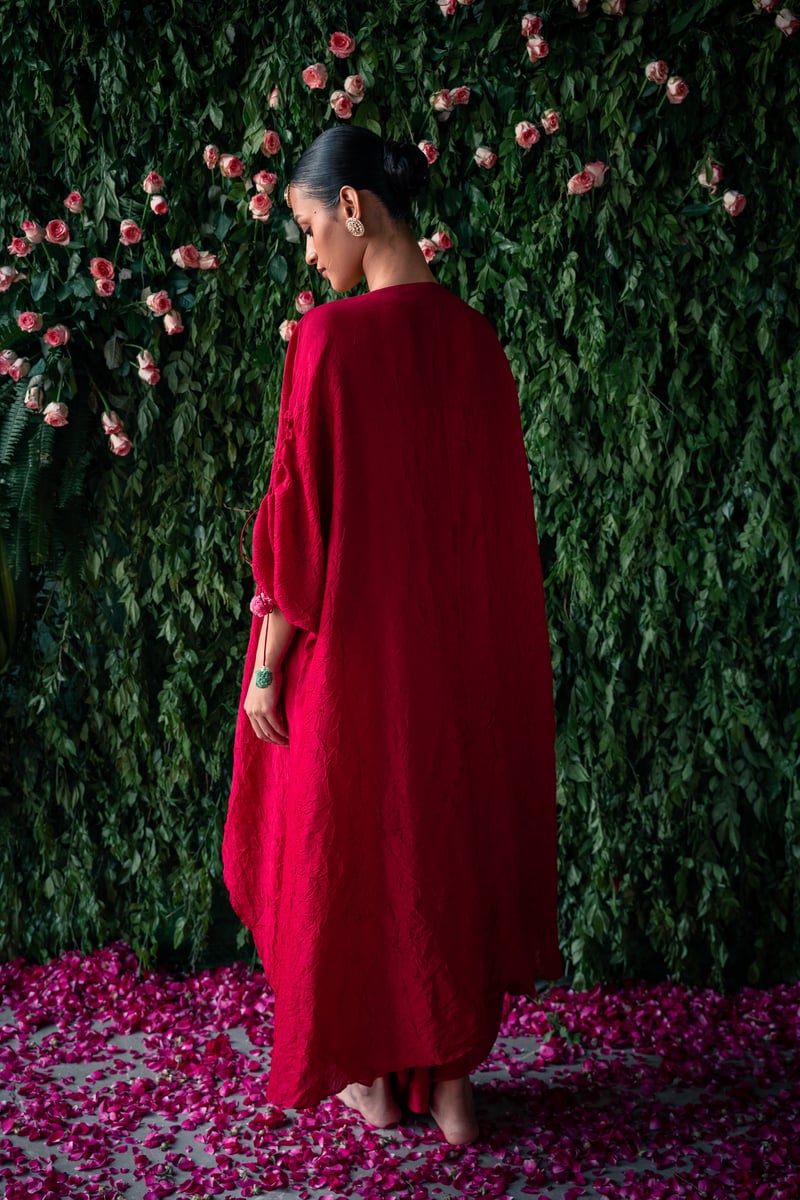 Maroon Embroidered Kaftan Kurta Set with Harem Pants