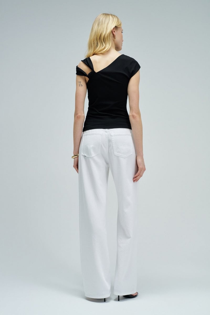 Black One-Shoulder Draped Top with Hardware Ring Detail