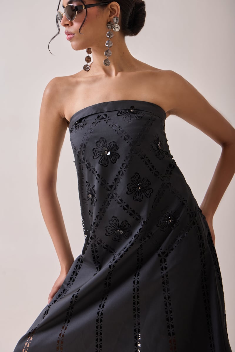 Black Strapless Cutwork Midi Dress
