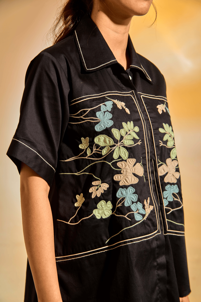 Black Cotton Satin Patchwork Embroidered Co-ord Set