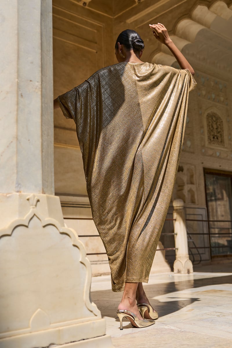Gold Metallic Draped Maxi Kaftan with V-Neck