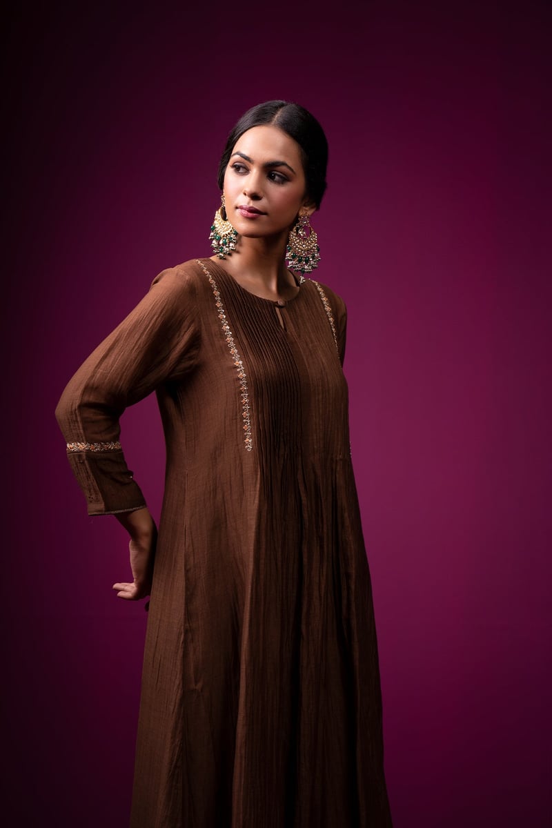 Brown Silk Chanderi Hand-Embroidered Kurta Set