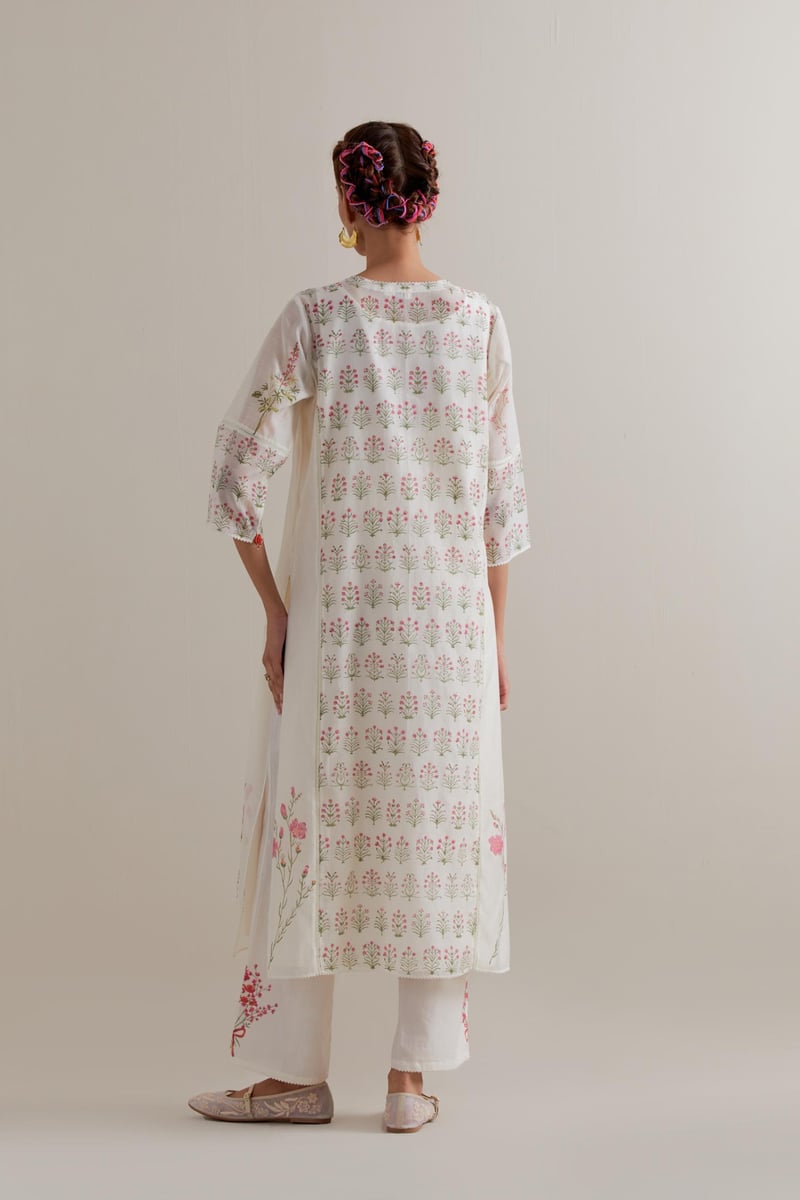 Off-White Floral Block Print Kurta Set with Dupatta