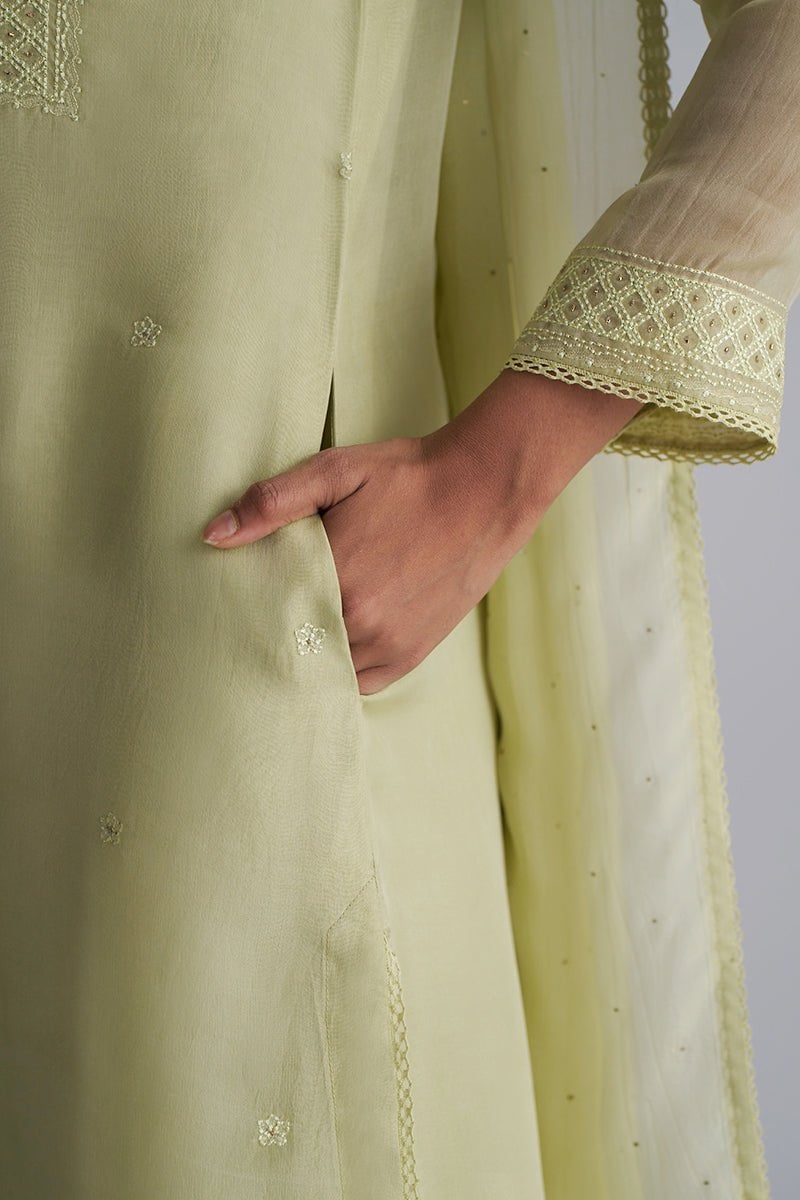 Pista Milk Sheer Kora Silk Embroidered Kurta Set