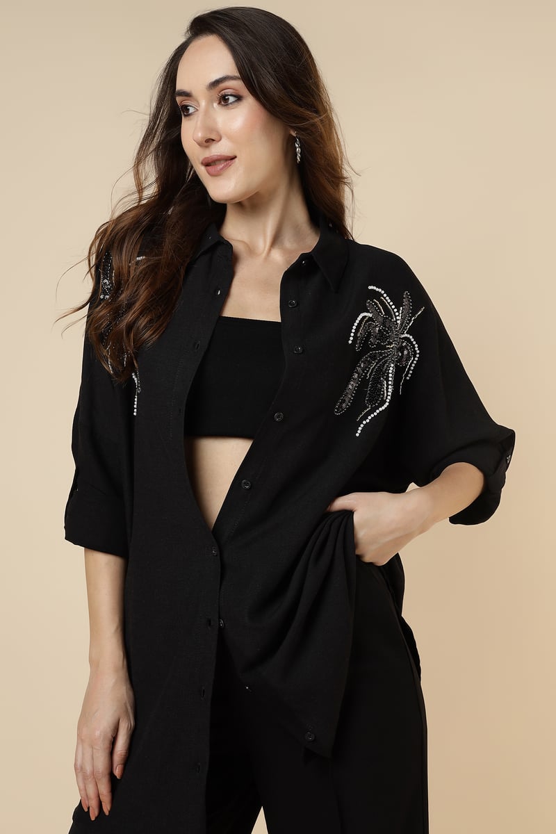 Black Embellished Longline Button-Down Shirt