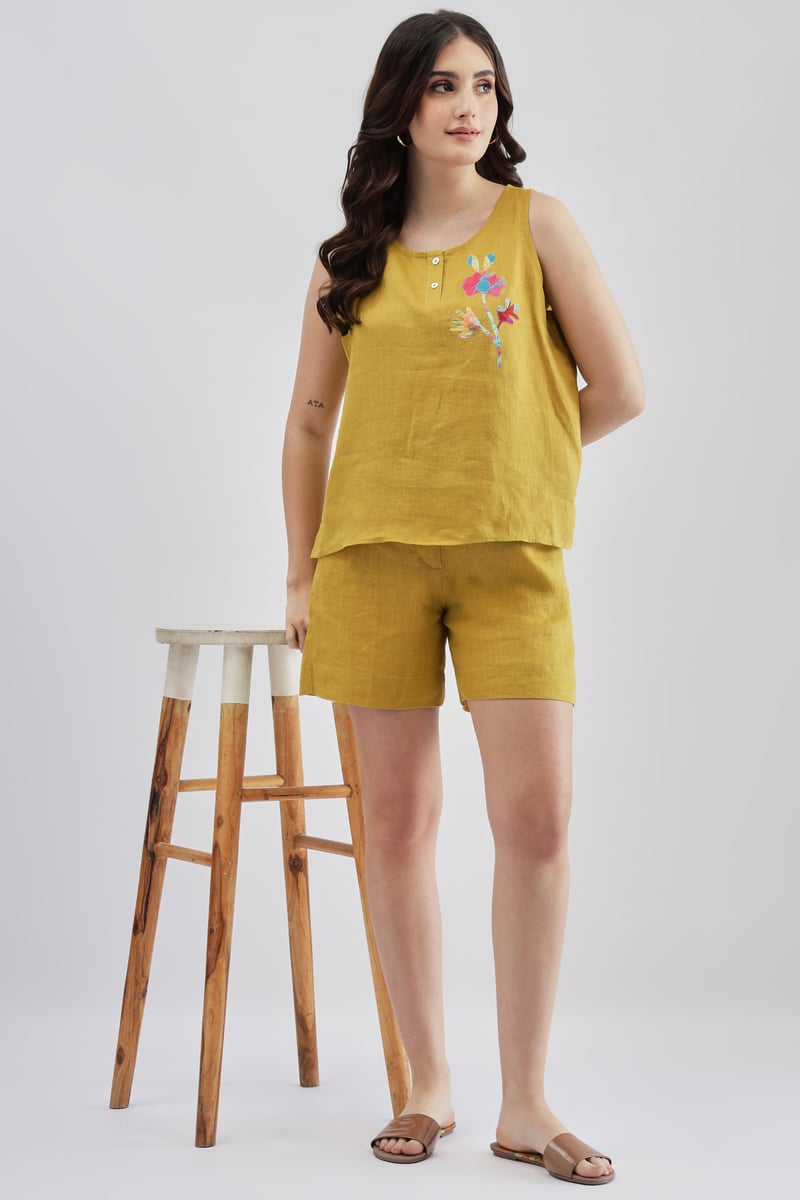 Lime Linen Sleeveless Top with Floral Embroidery