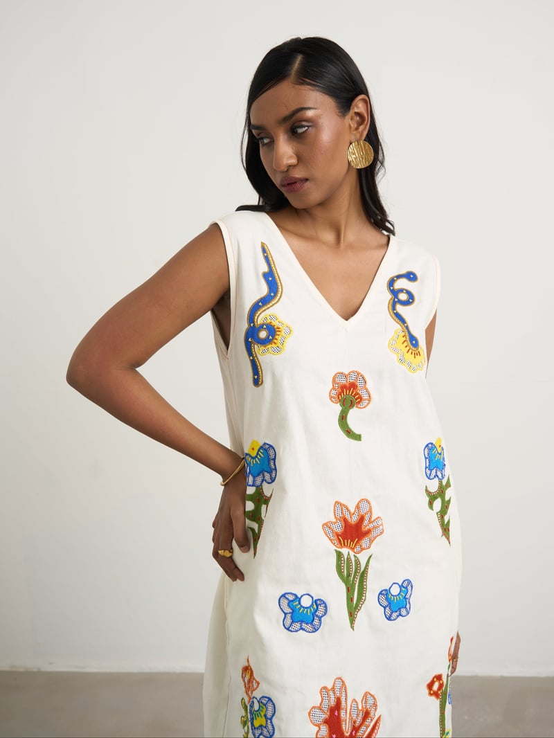 Off White Canvas Shift Dress with Multicolour Patchwork Motifs