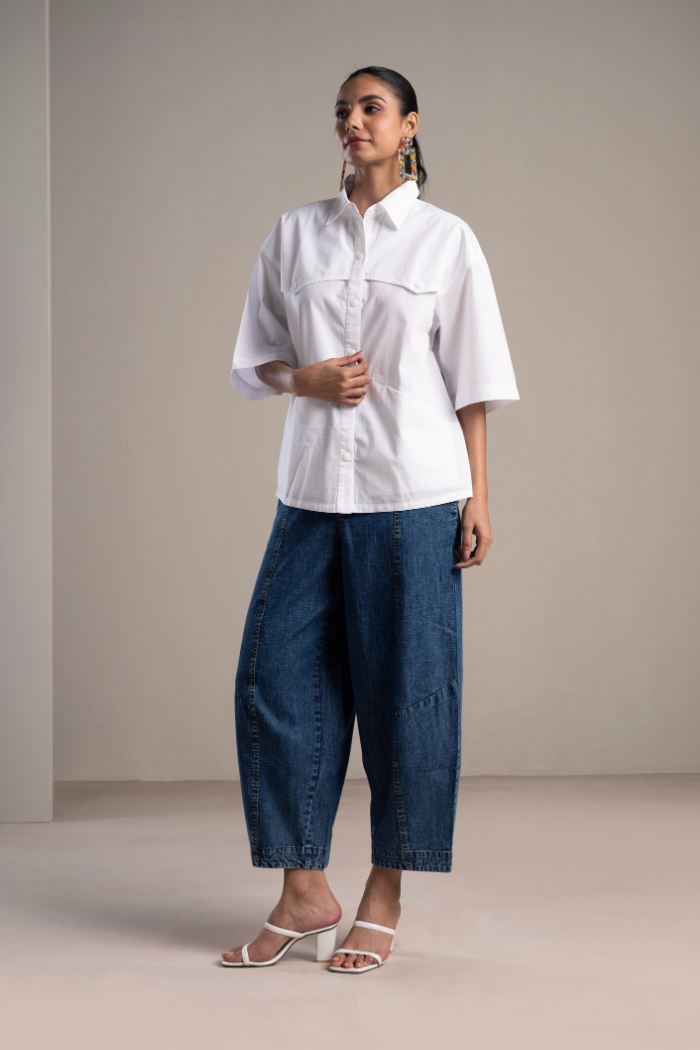 Blue and White Shirt and Denim Barrel Pants Co-ord Set — Spacelines