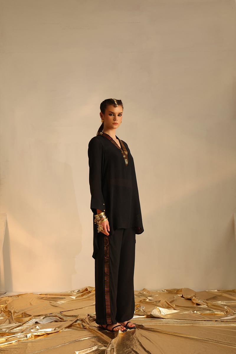 Black Foil-Trim Tunic and Palazzo Co-ord Set