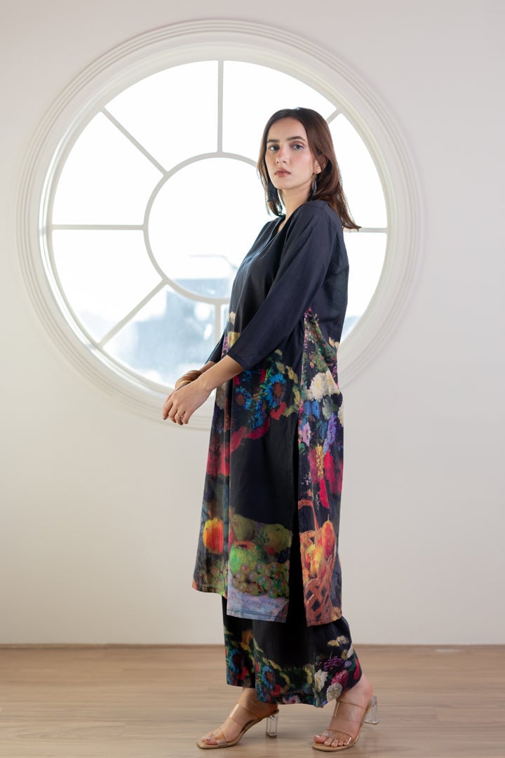 Black Printed A-Line Kurta Set with V-Neck