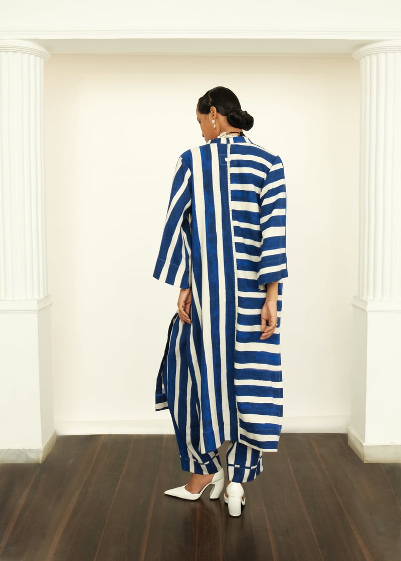 Blue and White Striped Twill Linen Anti-Fit Kurta