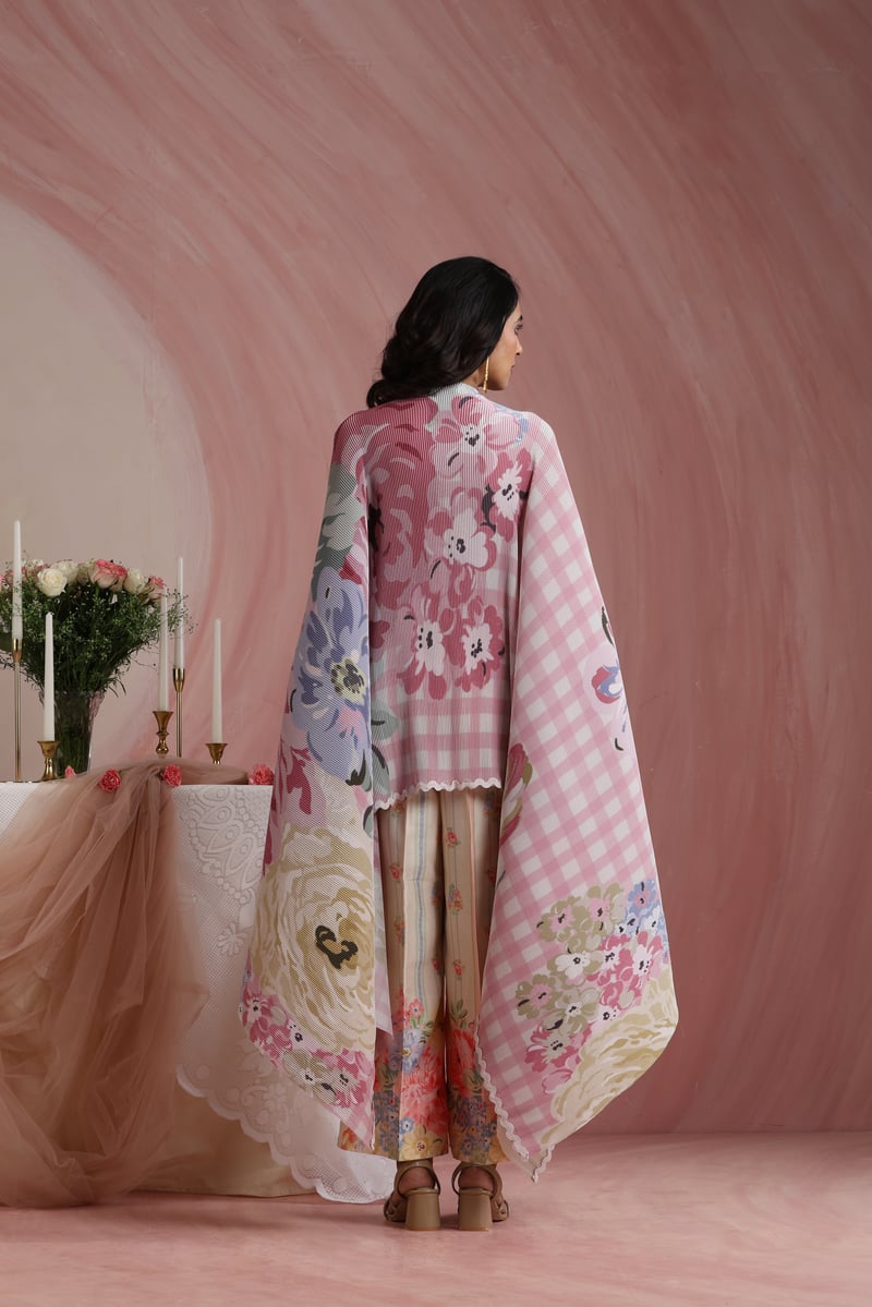 Rose Quartz Satin Floral Check Printed Pleated Cape