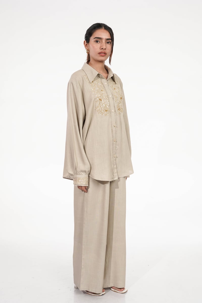 Beige Embroidered Shirt and Wide-Leg Pants Co-ord Set