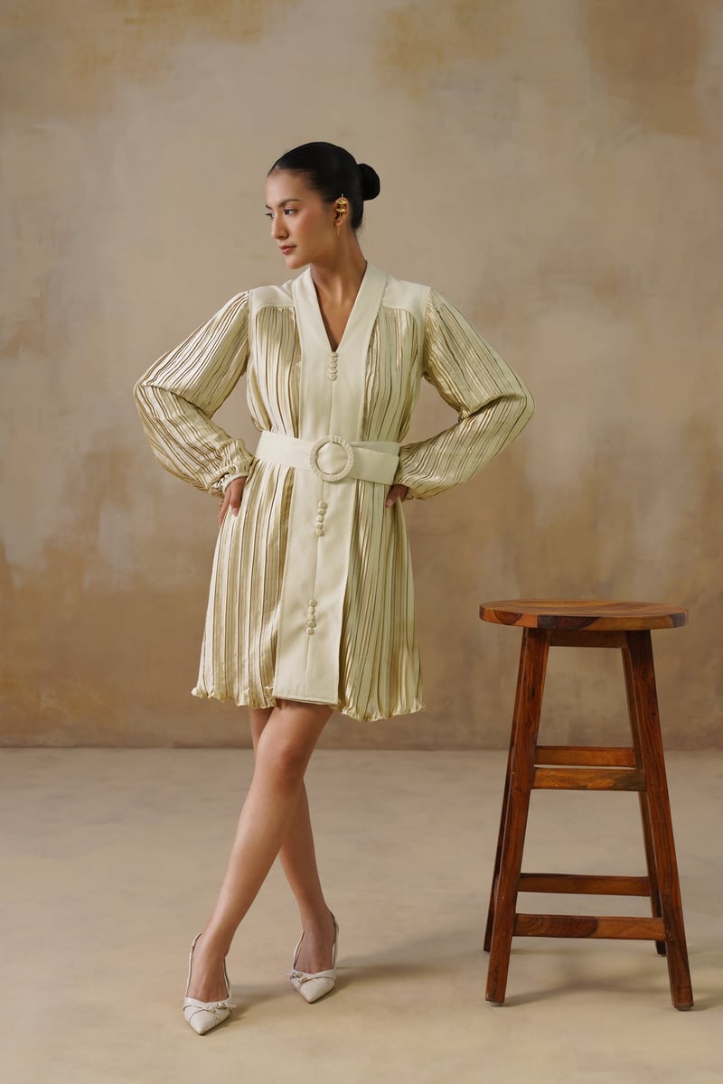 Champagne Gold Pleated Mini Dress with Belt