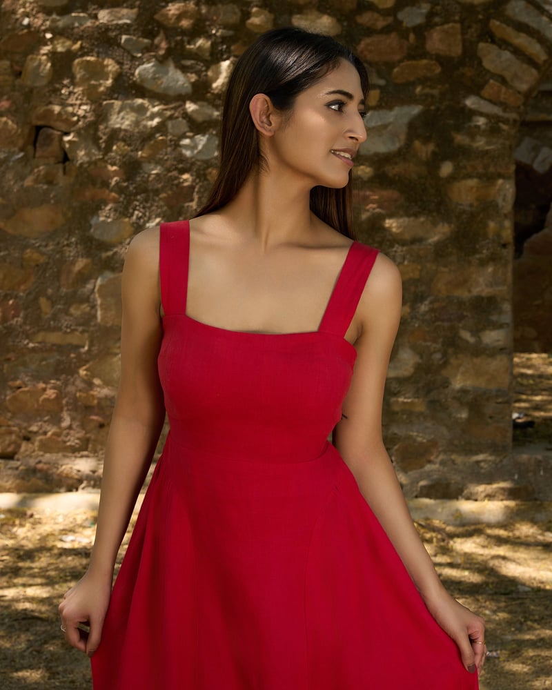 Red Linen Drop-Waist Gathered Midi Dress