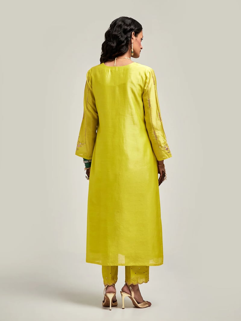 Lime Silk Chanderi Embroidered Straight Kurta