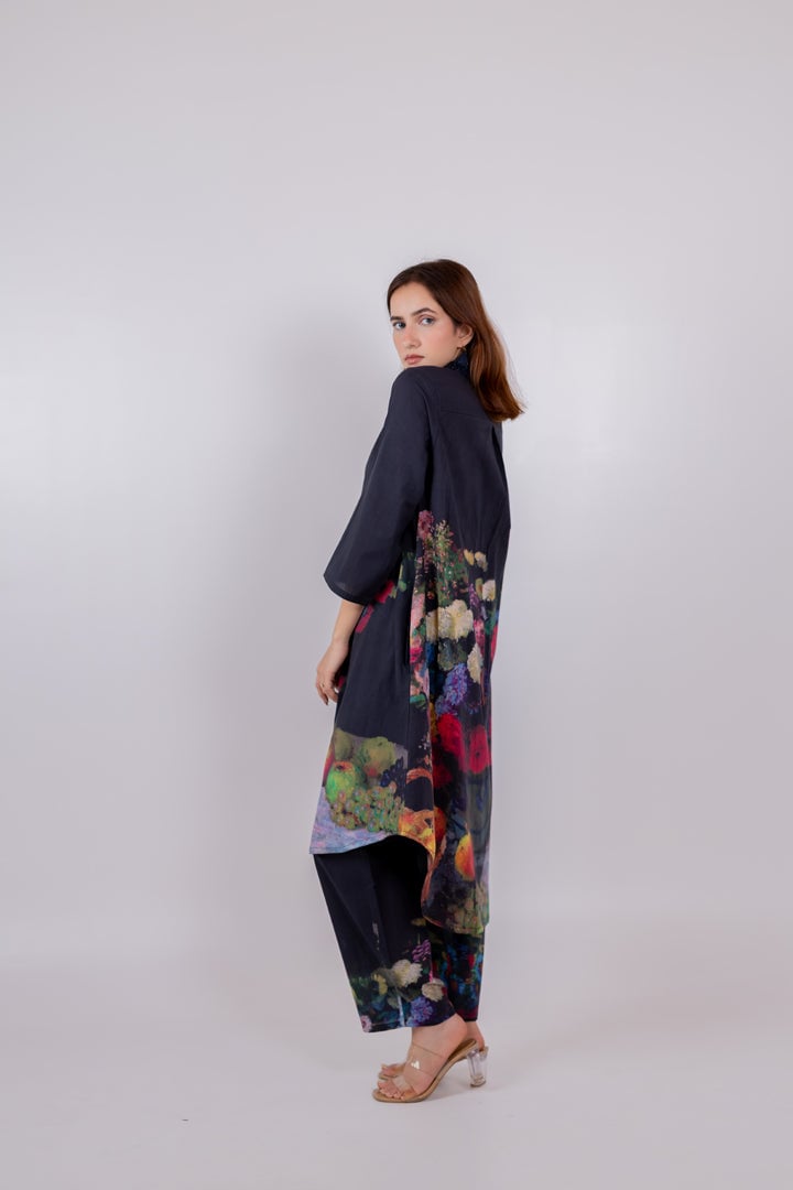 Black Printed Cambric Tunic and Pants Set