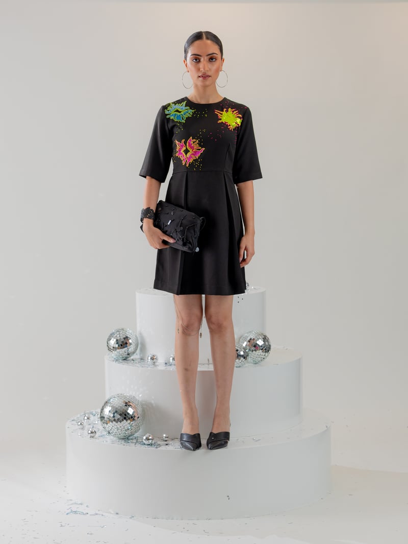 Black Fit and Flare Mini Dress with Neon Embroidery — Ang-sa