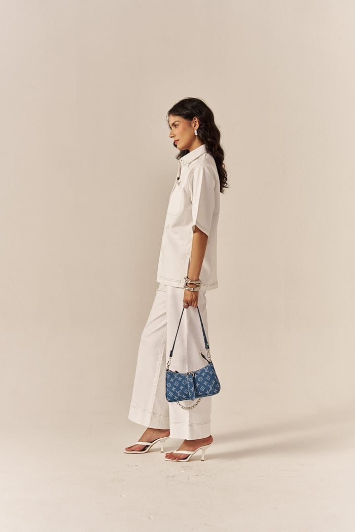 White Denim Oversized Shirt and Flared Pants Co-ord Set