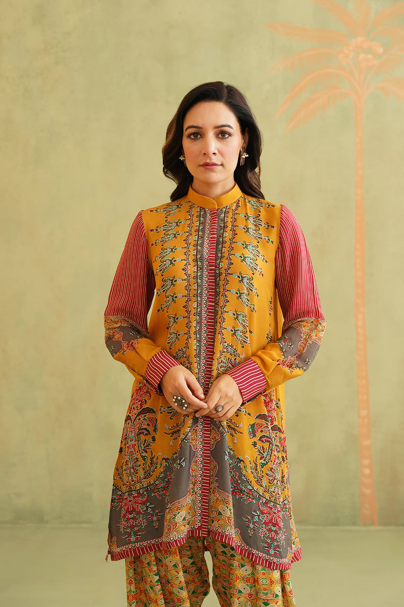 Yellow Printed Bemberg Crepe Kurta Co-ord Set