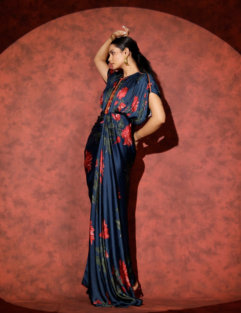Peacock Blue Floral Kaftan Maxi Gown with Front Zipper