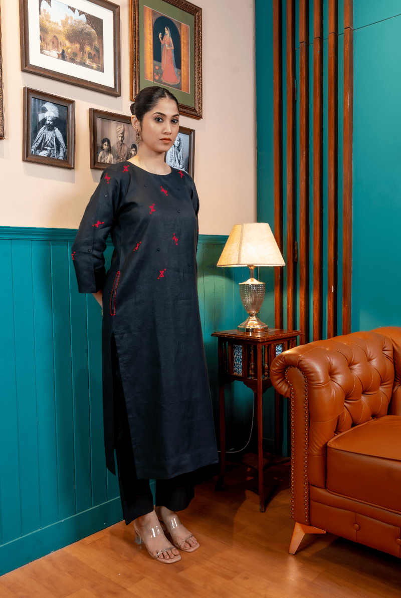Black Linen Straight Kurta Set with Contrast Embroidery