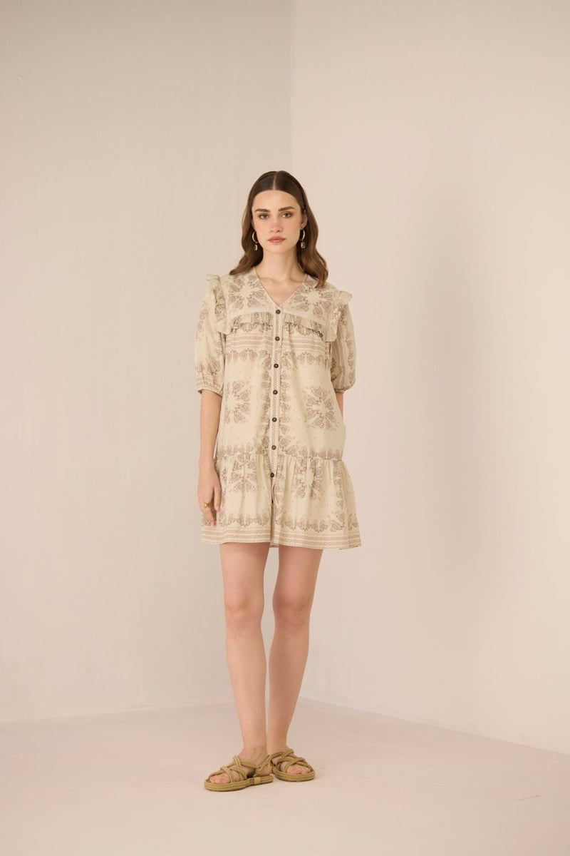Paisley Brown Cotton A-Line Mini Dress with Ruffle Yoke
