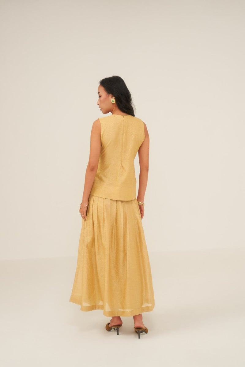 Beige Chanderi Silk Pleated A-Line Maxi Skirt