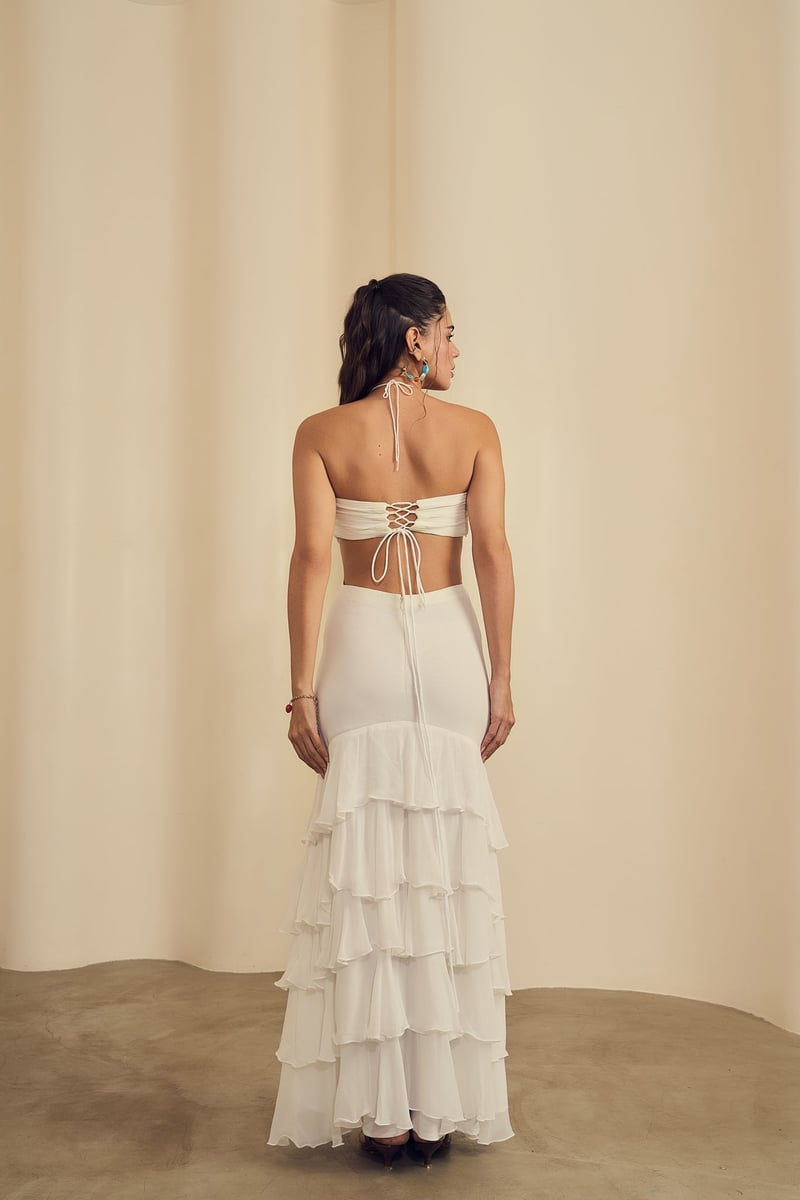 White Sweetheart Cut-Out Maxi Gown with Lace-Up Back