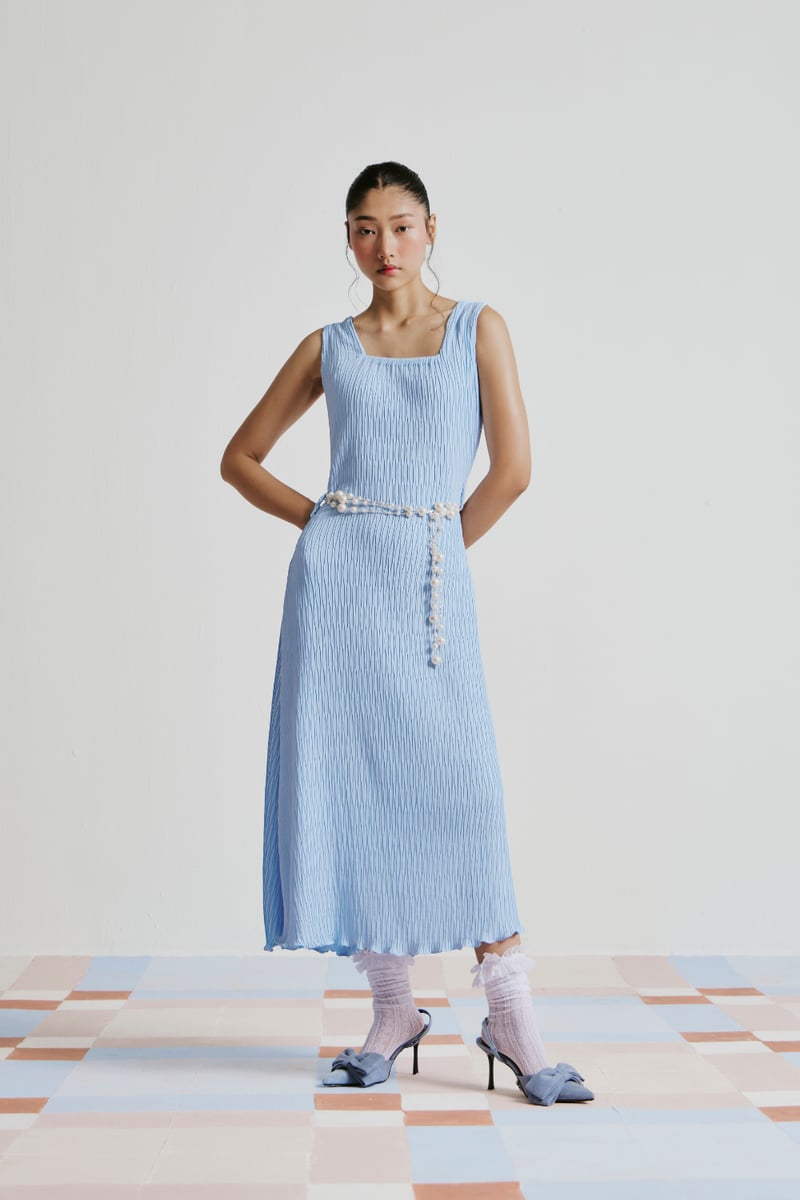 Blue Pintucked Square-Neck A-Line Midi Dress with Pearl Belt — ETE CLOTHINGS