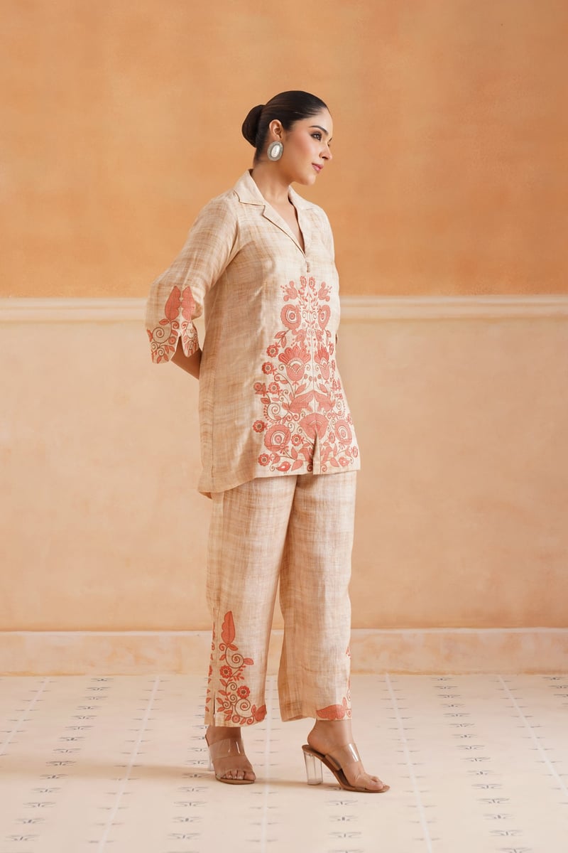 Beige Linen Embroidered Kurta and Pant Co-ord Set