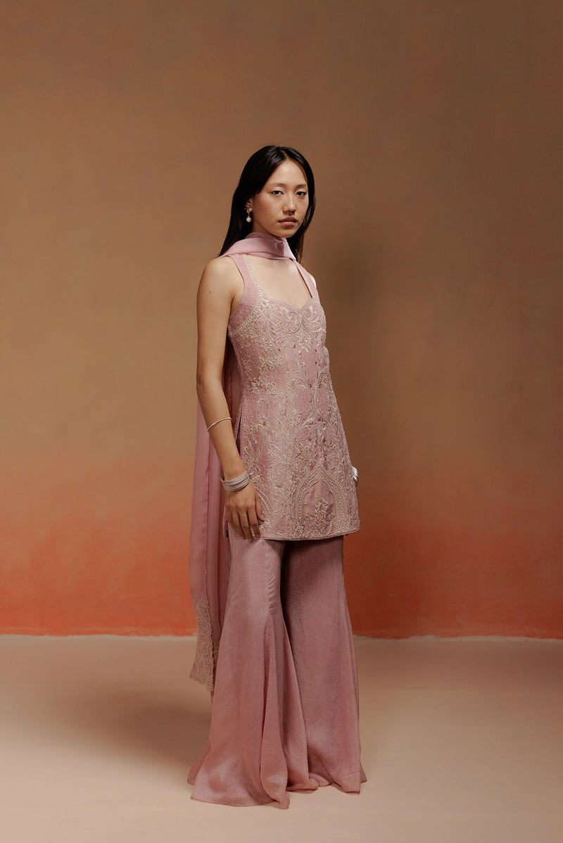 Pink Organza Tissue Embroidered Kurta Sharara Set