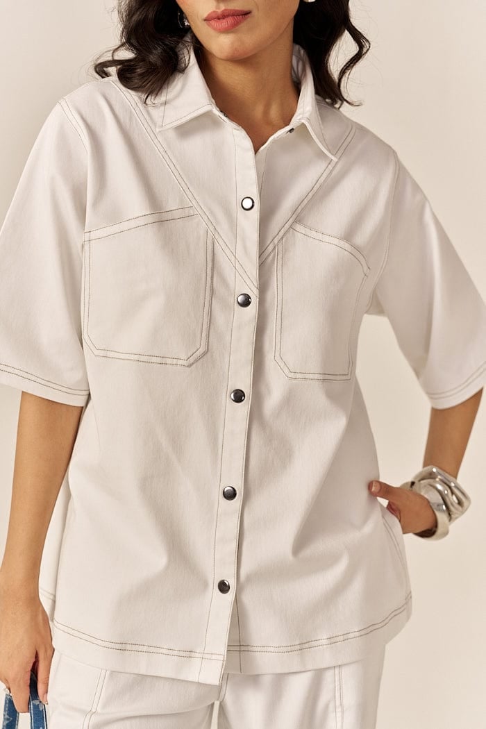 White Denim Oversized Shirt and Flared Pants Co-ord Set