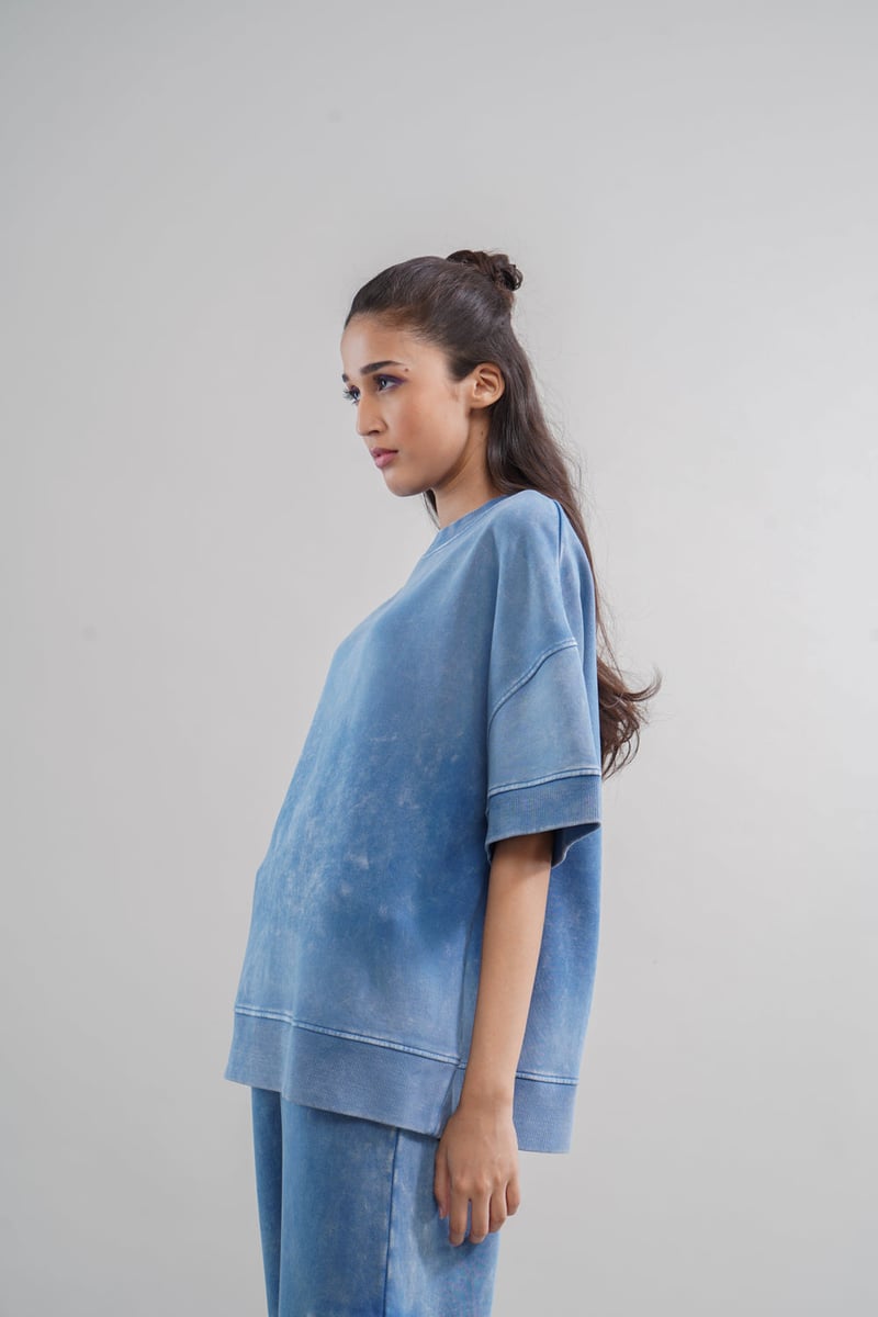 Washed Blue Cotton Terry Oversized Sweatshirt