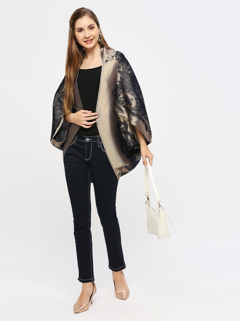Navy Metallic Brocade Cape Shrug