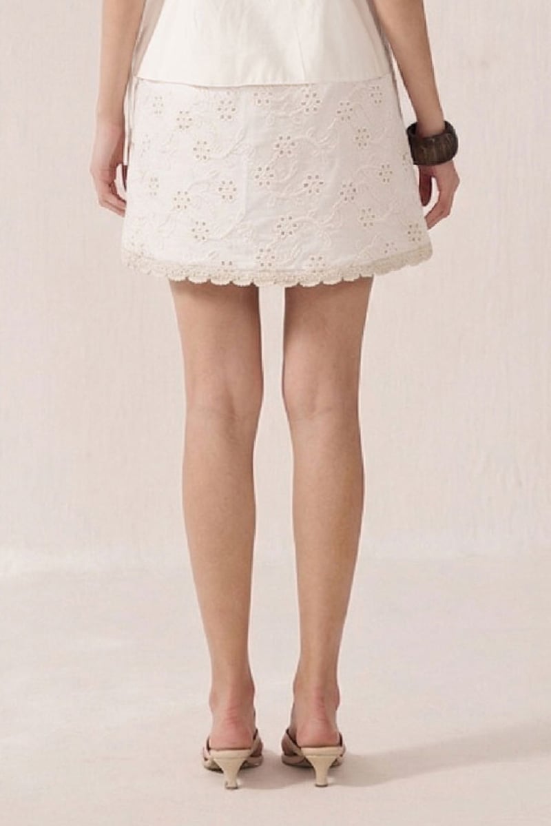 White Schiffli Embroidered Wrap-Front Shorts